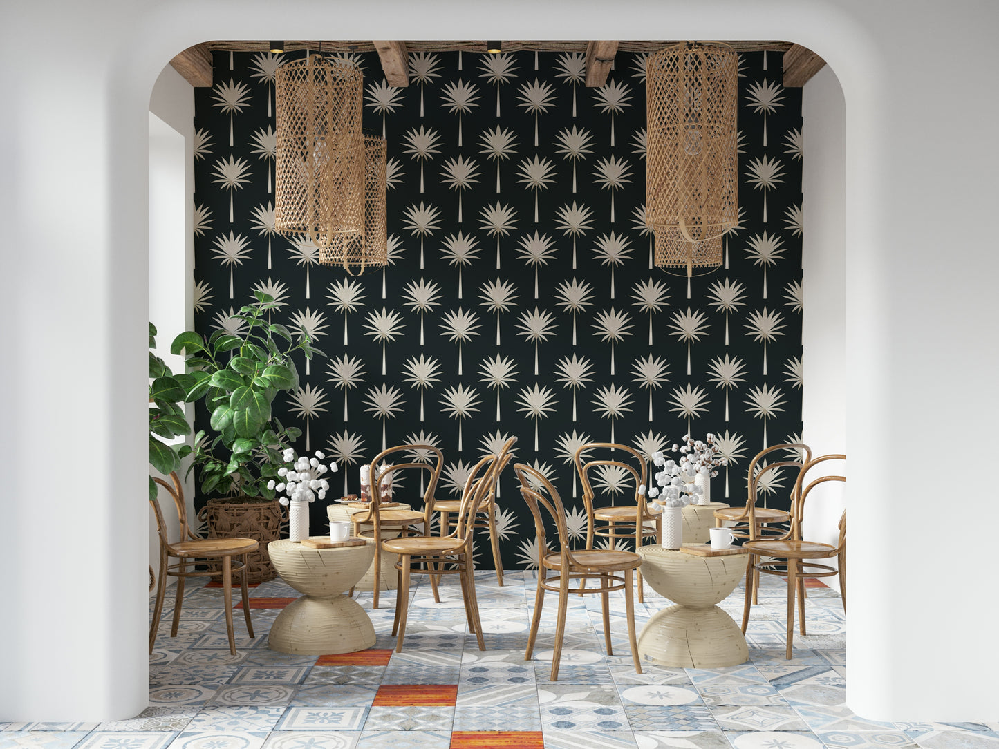 Statement Luxe Palms wall mural featuring stylized, symmetrical palm plants.