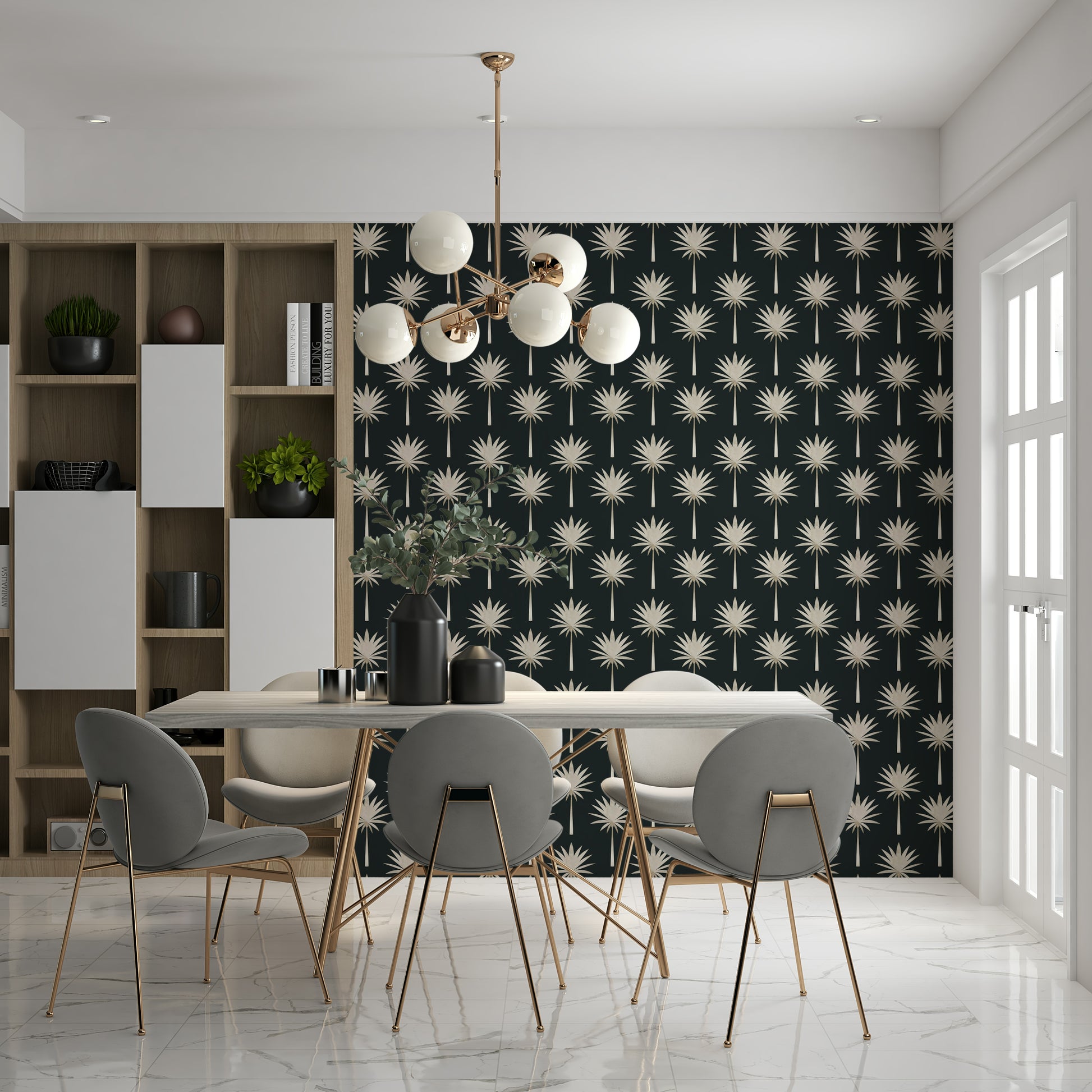 Glamorous Luxe Palms Art Deco wall mural, chic tropical leaf repetition.