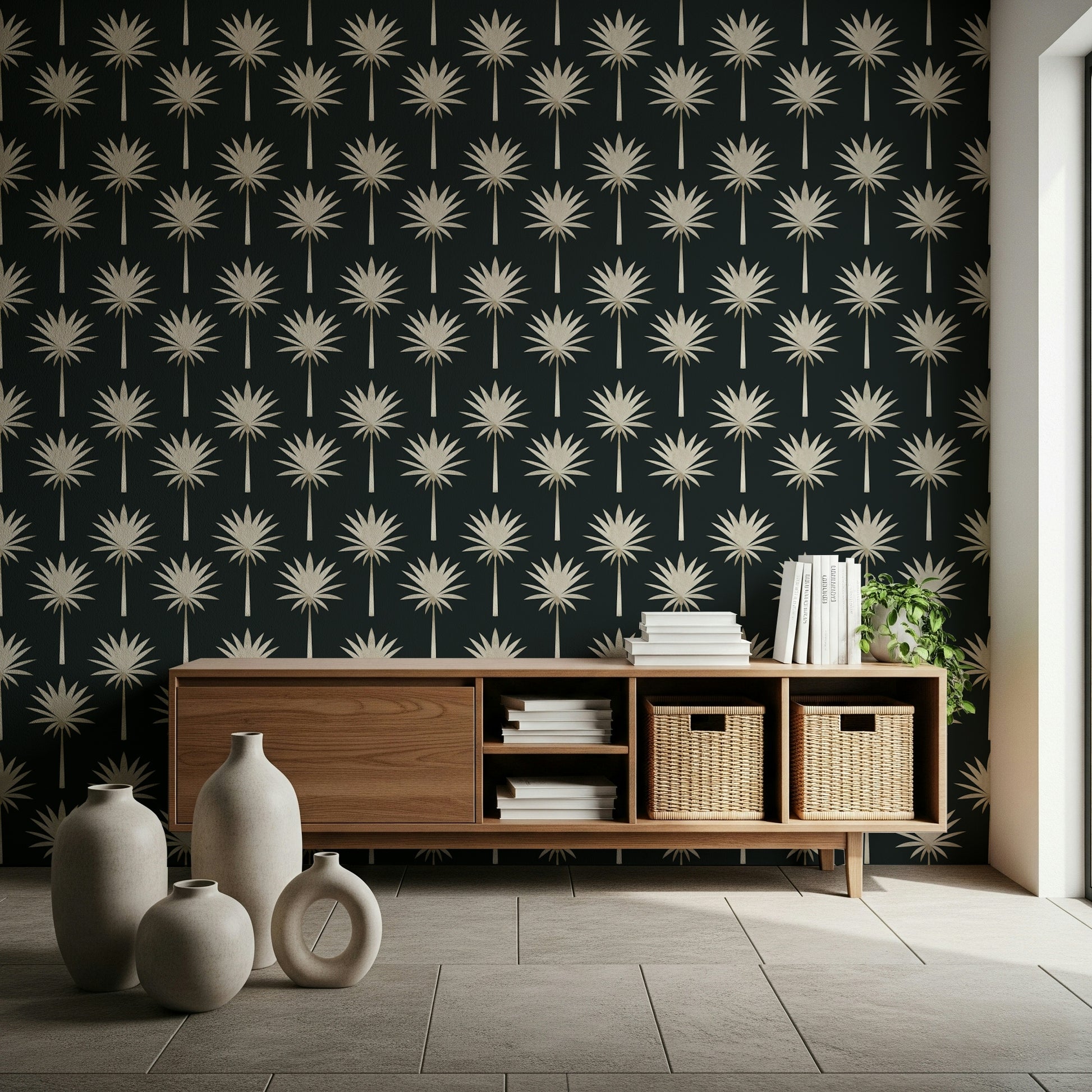 Designer Art Deco wallpaper for walls, exquisite gold palm tree motif.
