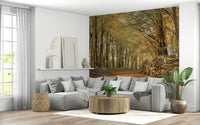 Stacked logs beside a trail, vibrant Autumn Forest Scene wall mural.
