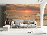 Inspiring Gilded Shores beach scene wall mural, peaceful horizon perspective.