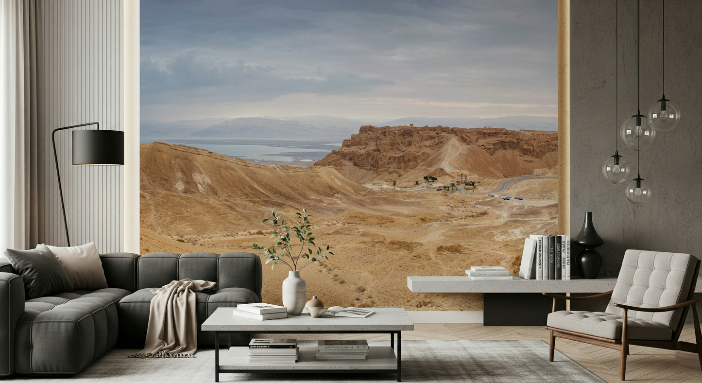 Historical desert site, winding road, Arid Majesty Desert Landscape Design wall covering.
