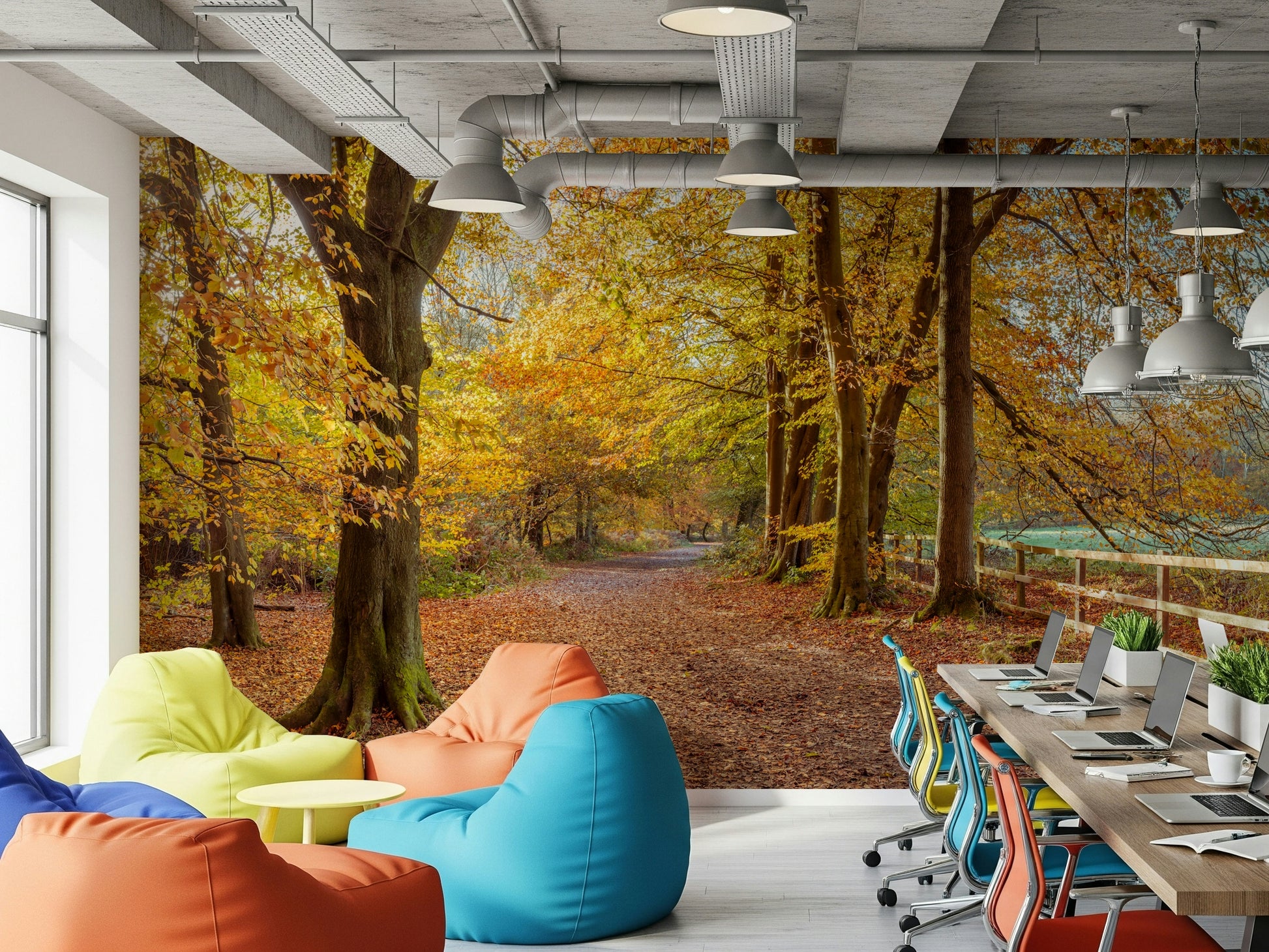 Charming nature vista, bright sun, Pathway Covered in Fall Leaves artwork.