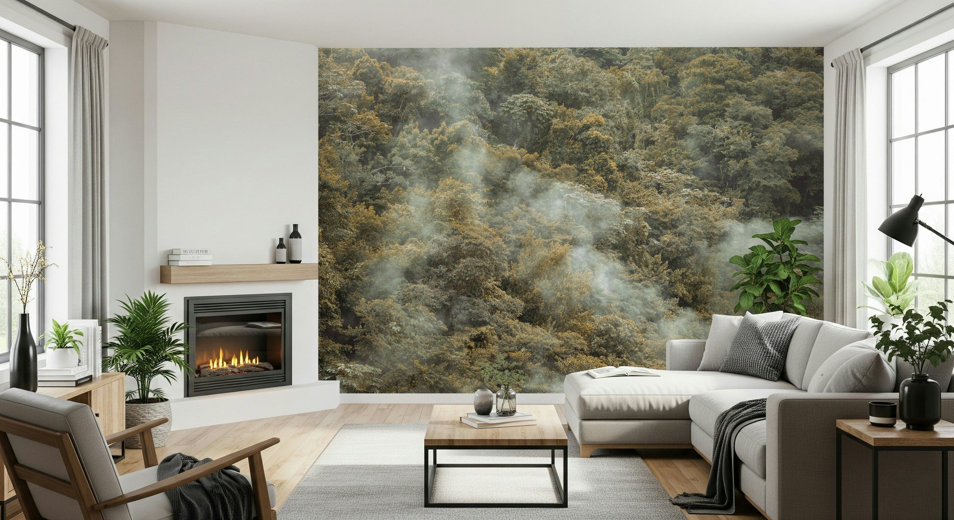 Wall covering: an immense, clouded Misty Forest Canopy panorama.