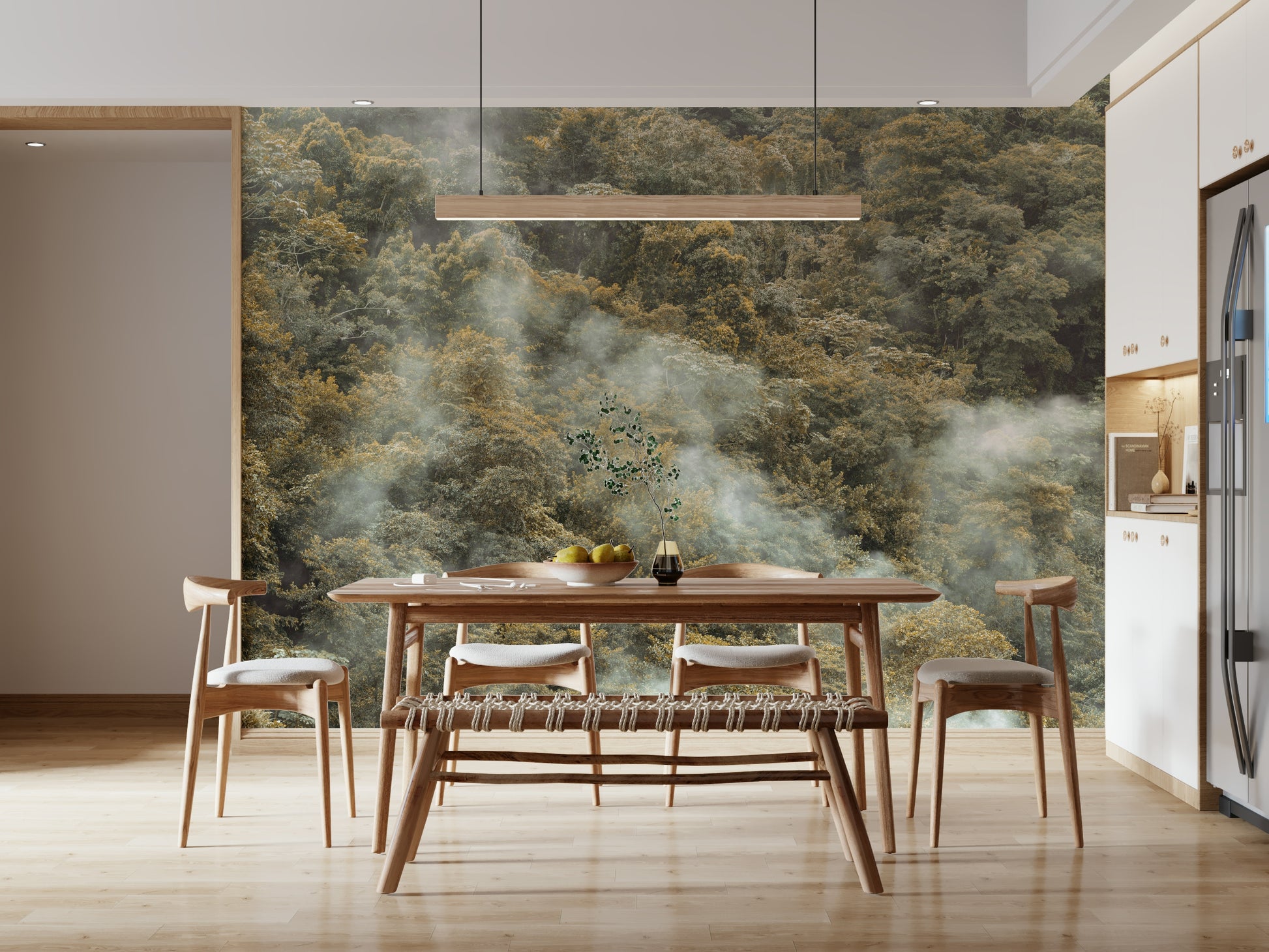 Ethereal fog enveloping the rich Misty Forest Canopy wall mural.