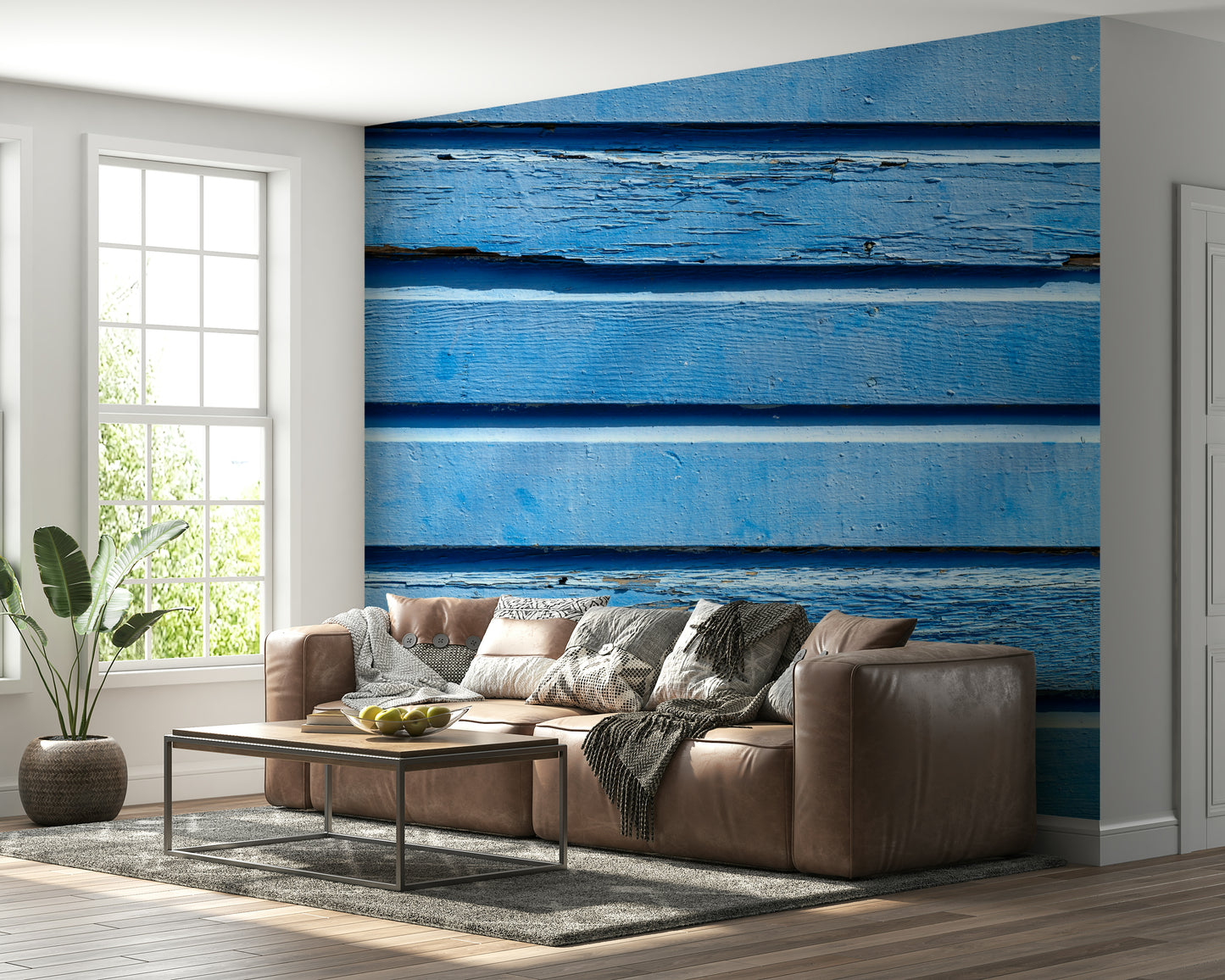 Aqua Wood Wall wall covering Vibrant blue hues, detailed wood texture.
