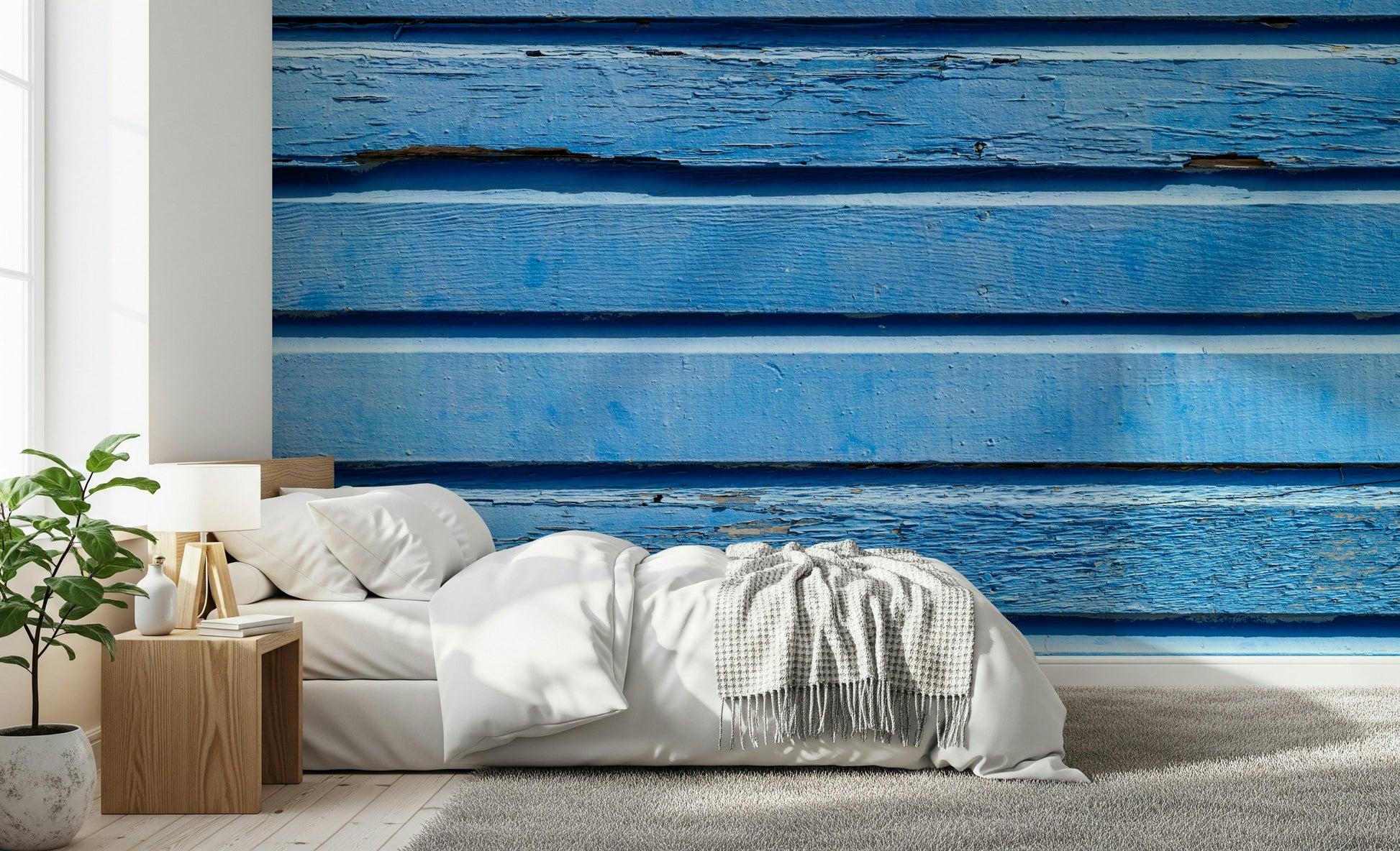 Aqua Wood Wall design: Imitation wood plank wallpaper for walls.