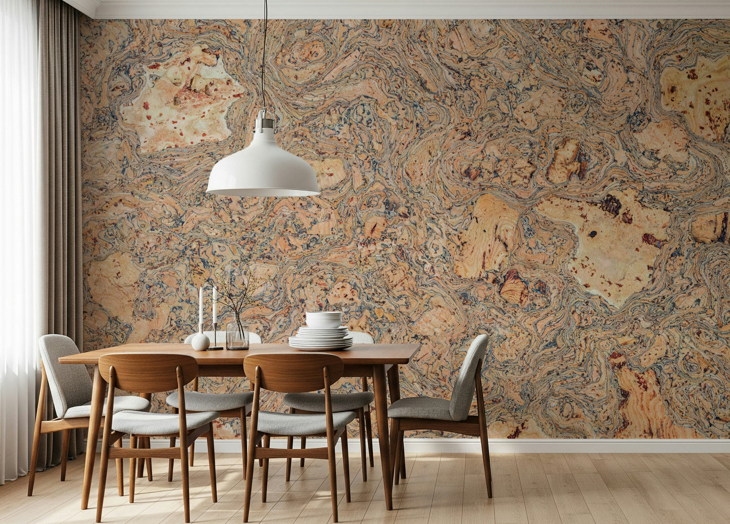 Abstract wall mural of a natural cork texture with dark, marbled details.