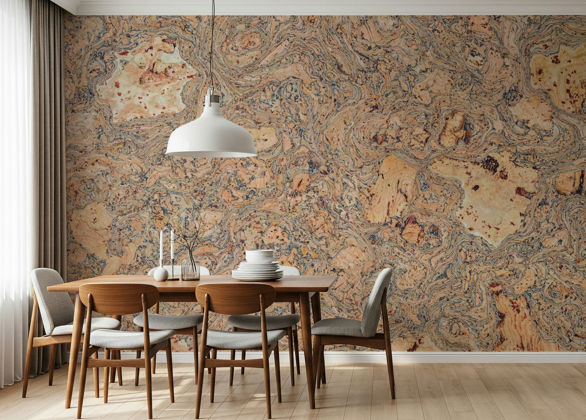 Abstract wall mural of a natural cork texture with dark, marbled details.