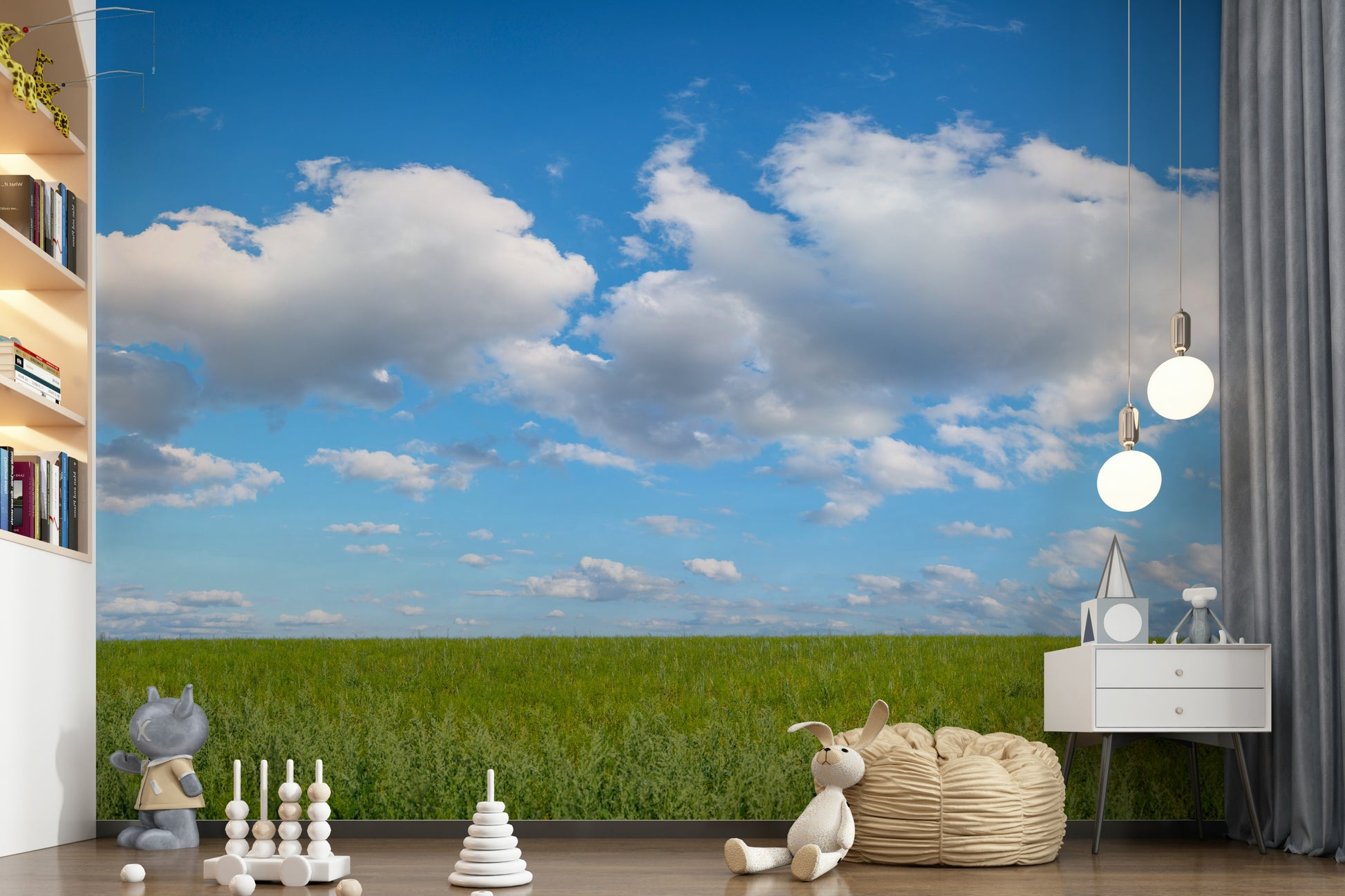 Vibrant green field, fluffy clouds, Grassland Under Sky.