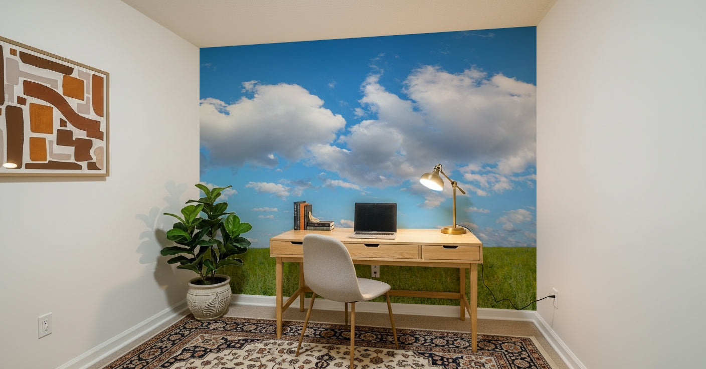 Bright Grassland Under Sky wall paper, calm landscape.