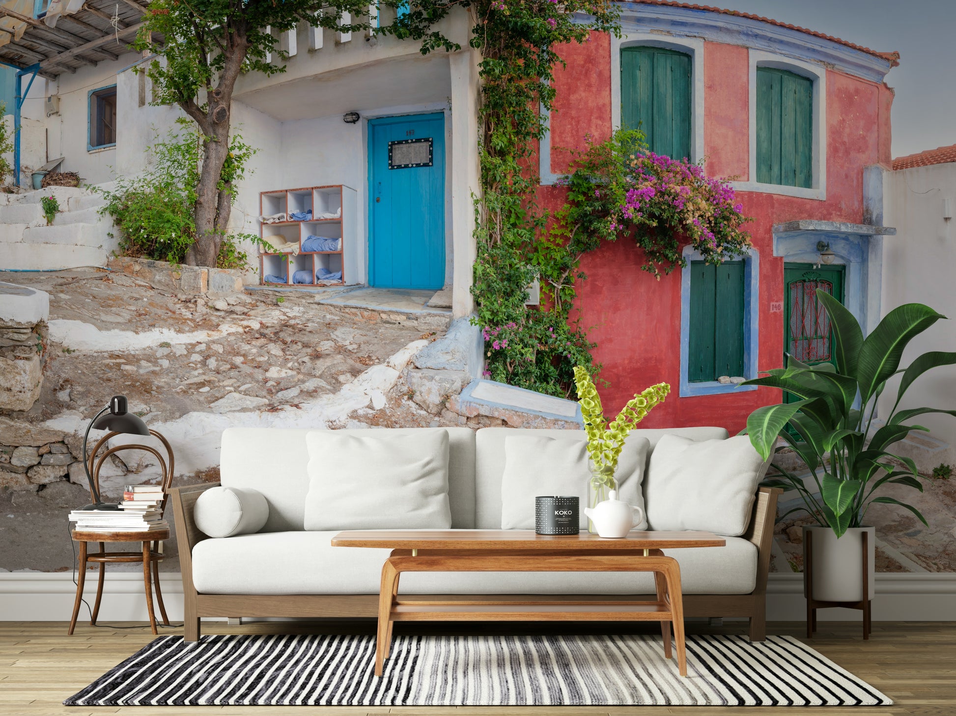 Coastal Cottage Charm: Sun-drenched Symi village scene.
