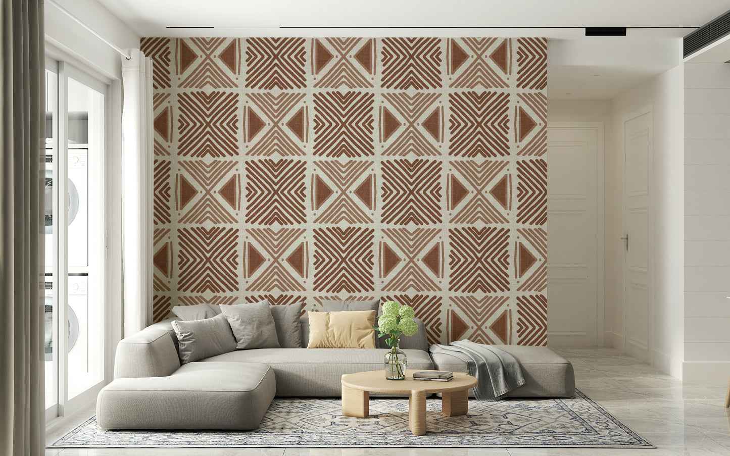 Earthy tone wall mural, global inspired ethnic geometric motif.