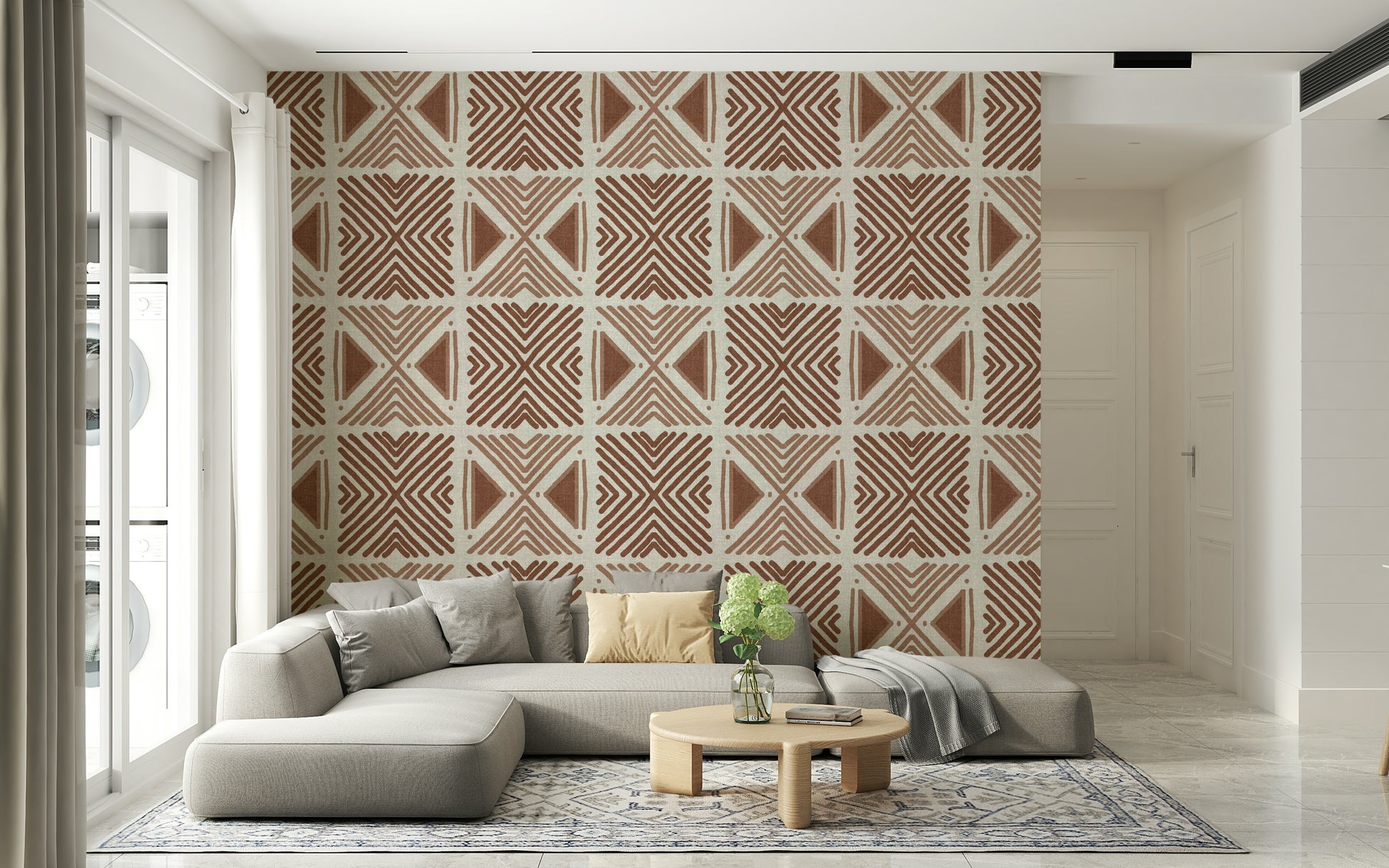 Earthy tone wall mural, global inspired ethnic geometric motif.