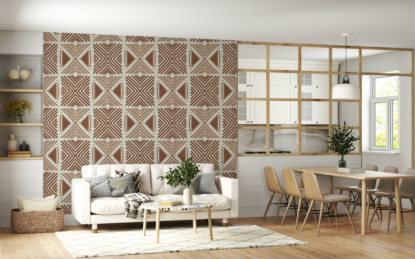 Hand-painted wallpaper, simple line work, Tribal Cappuccino Motif.
