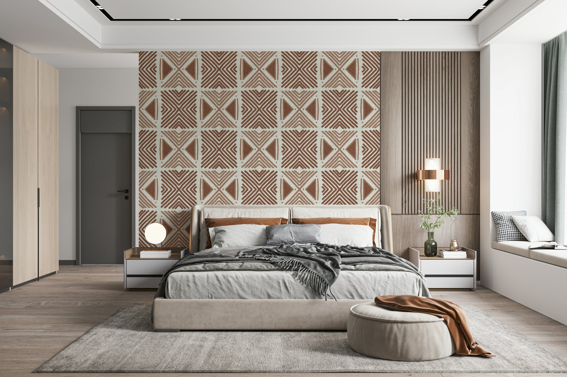 Abstract ochre patterned wallpaper Tribal Cappuccino Motif.
