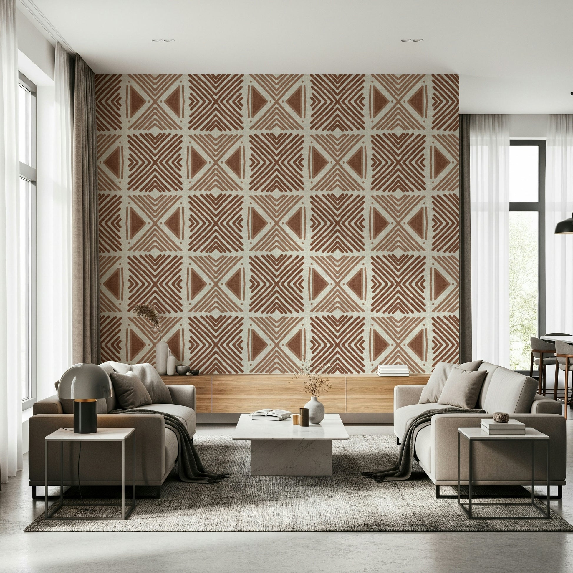 Hand-drawn effect terracotta wallpaper Tribal Cappuccino print.