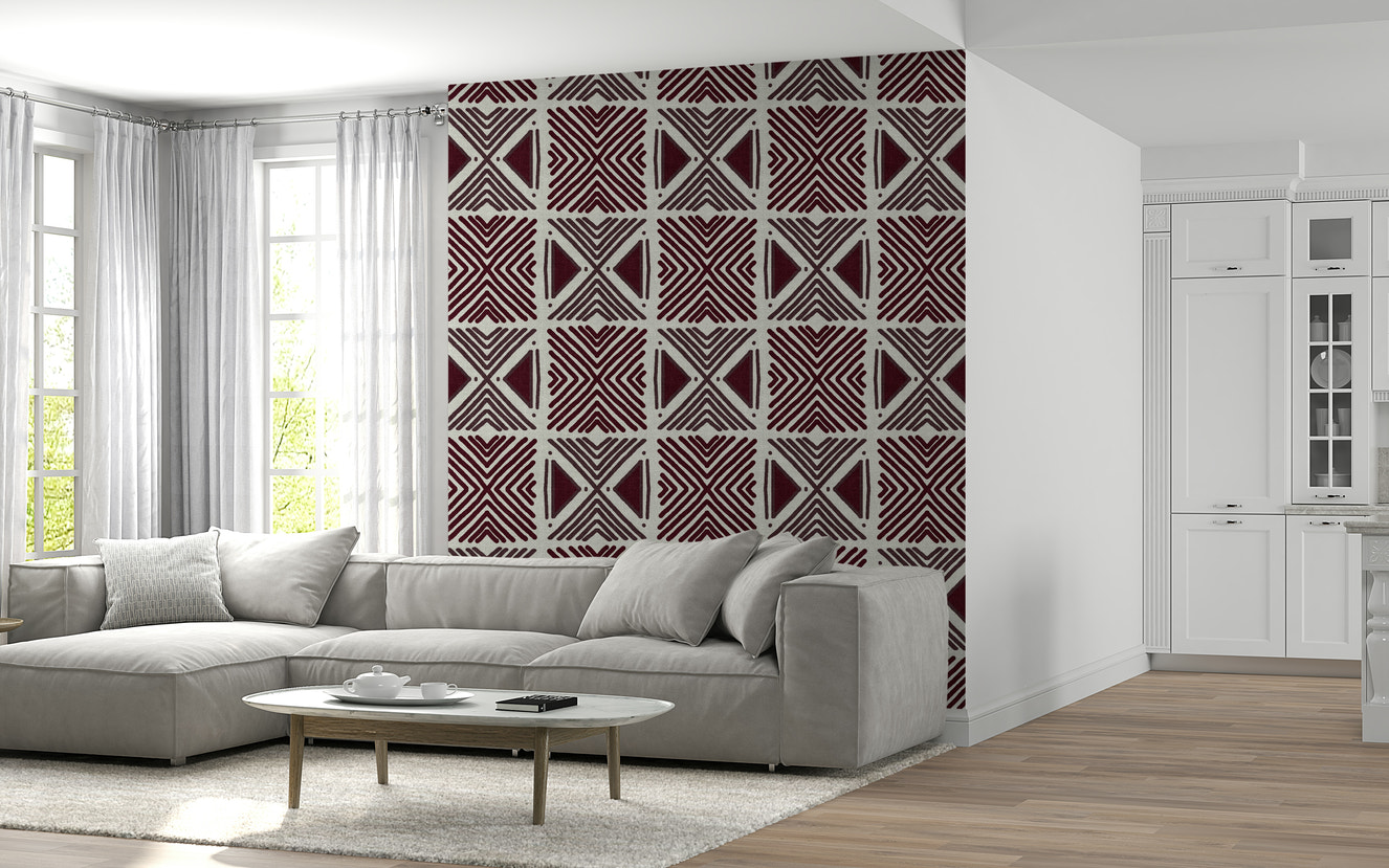 Artisan Tribal Wine Motif wallpaper sophisticated, deep red, textured fabric feel.