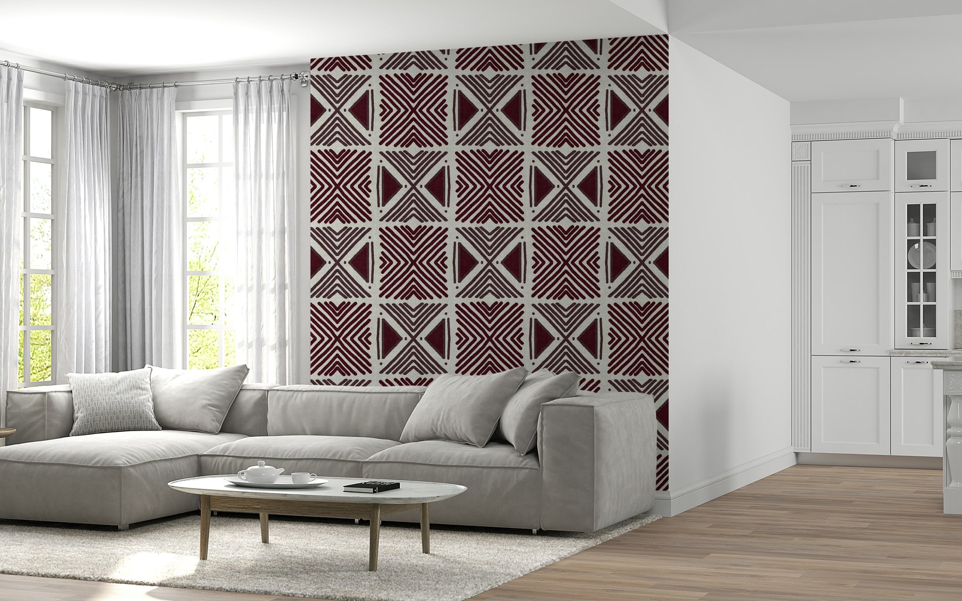 Artisan Tribal Wine Motif wallpaper sophisticated, deep red, textured fabric feel.