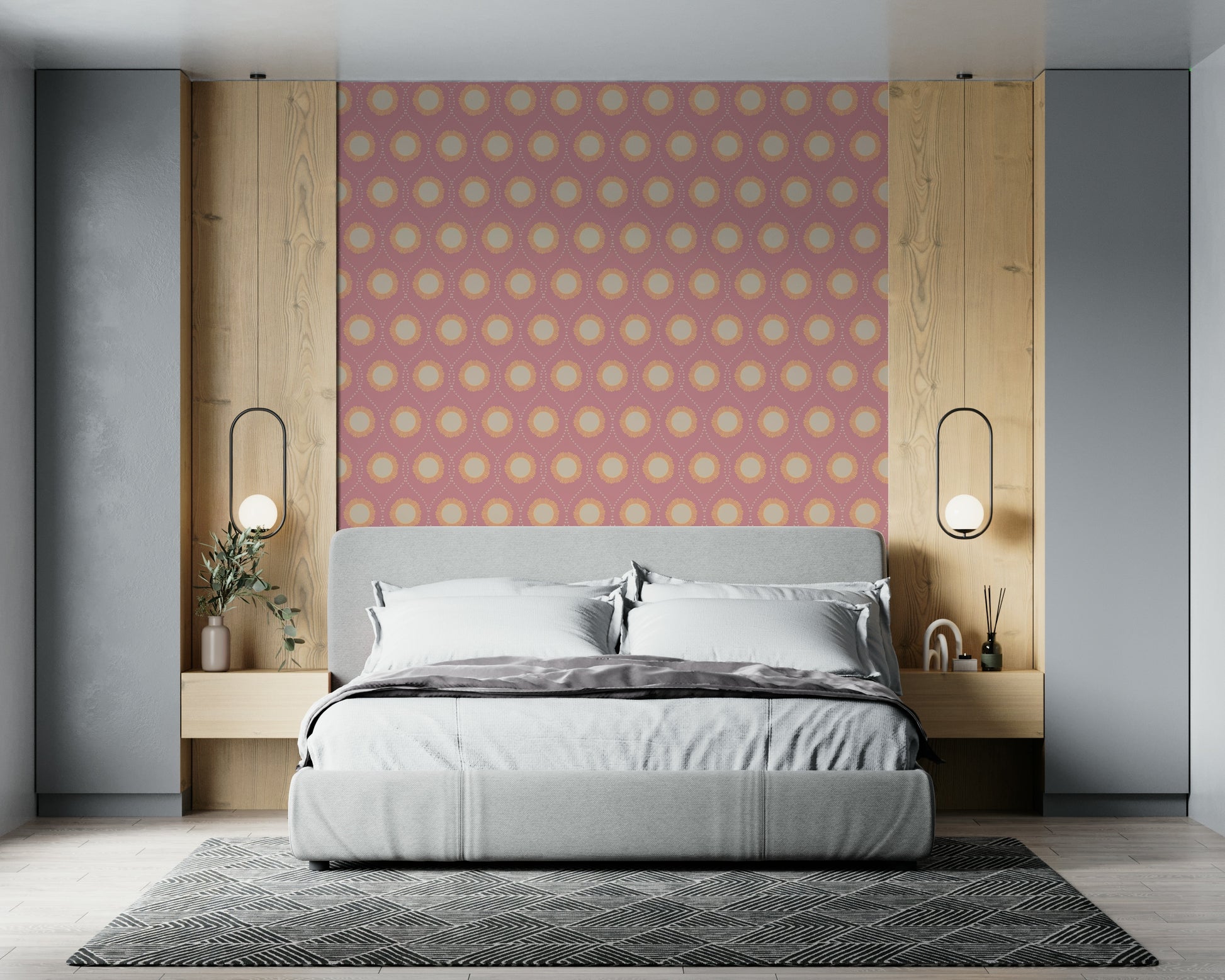 Art Deco style Blush Sunburst wallpaper Decorative round starbursts.