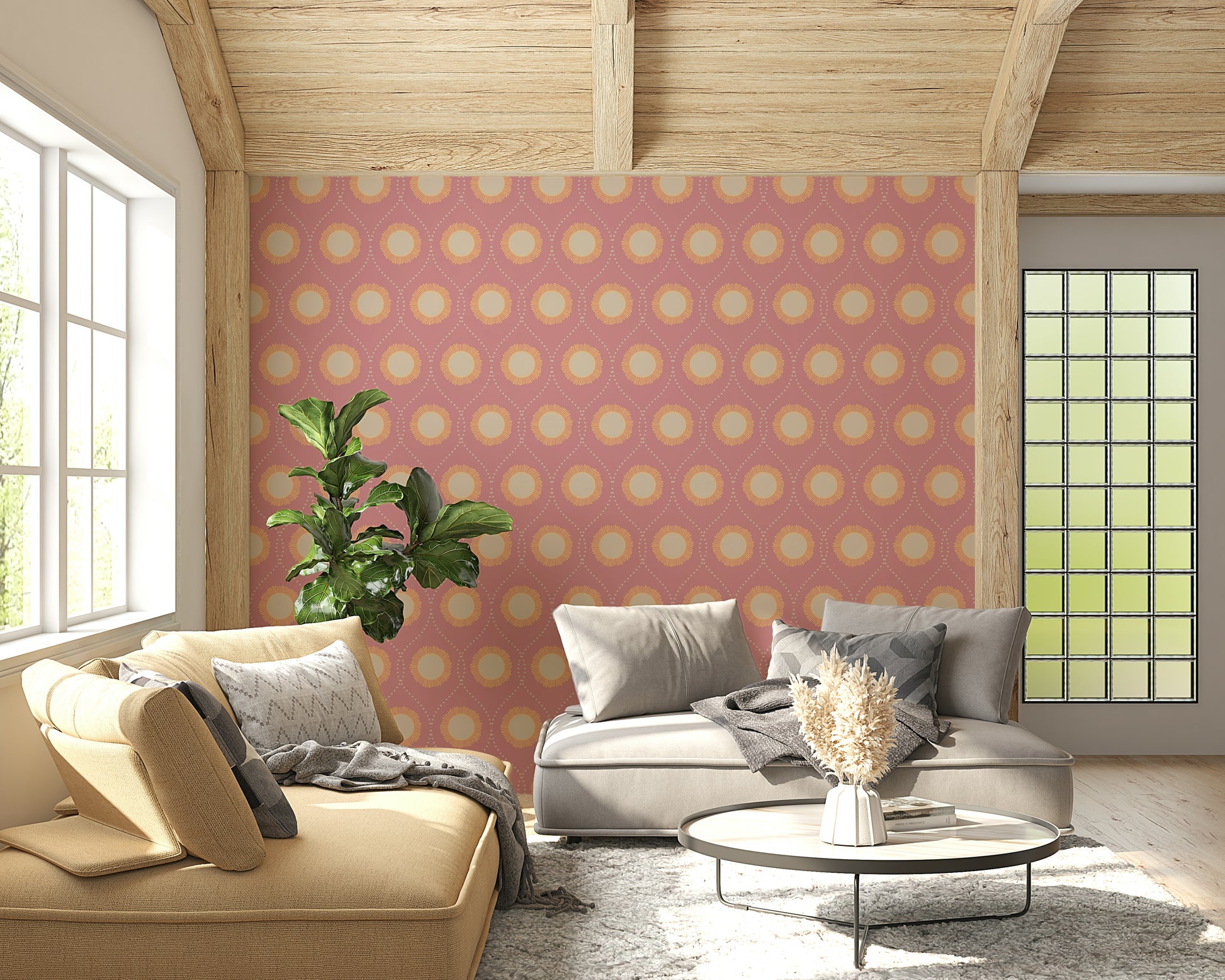 Modern Blush Sunburst wall mural Soft pink and beige boho circles.