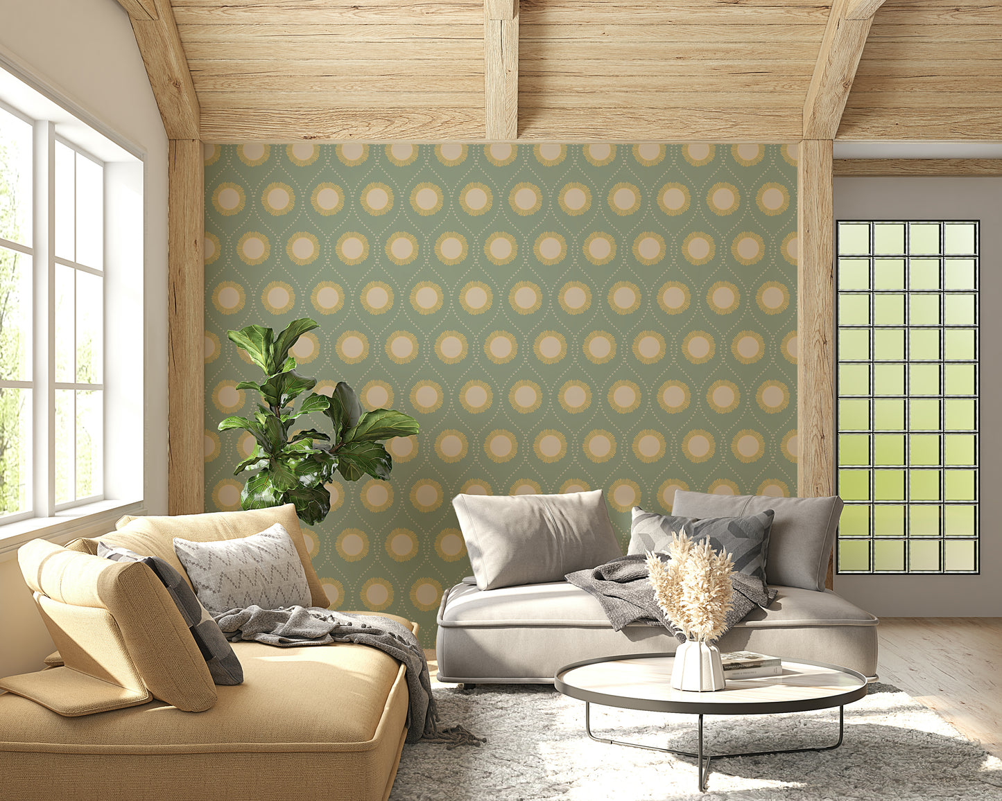 Serene Retro Radiance wall mural Contemporary meets classic, pleasant earthy color palette.