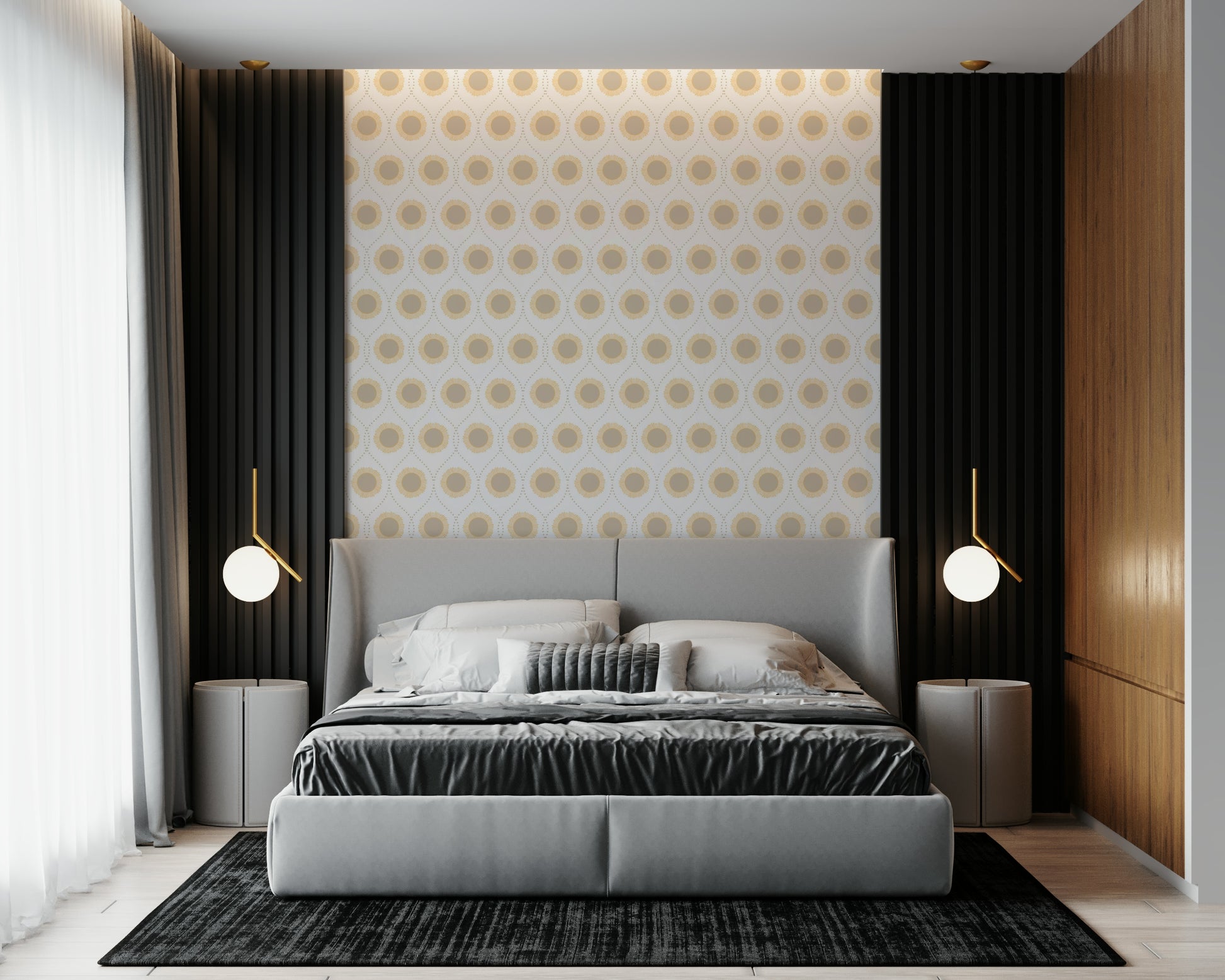 Gorgeous Radiant Sunburst Pattern wallpaper, subtle golden yellow accent, patterned.