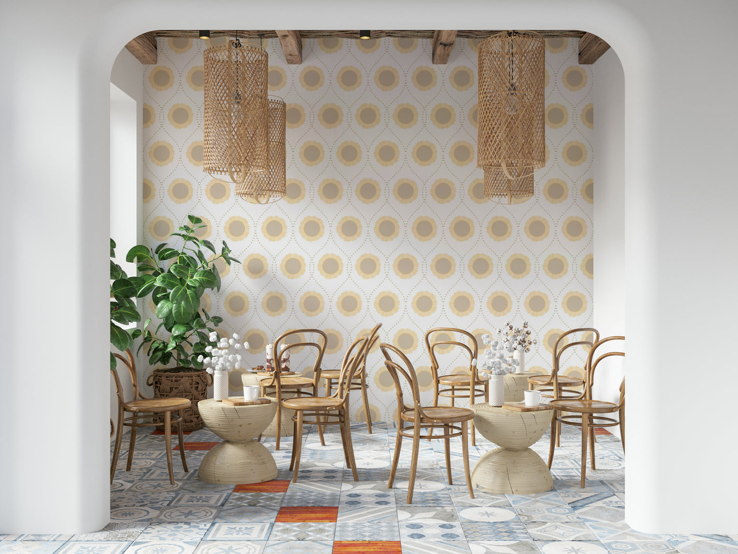 Radiant Sunburst Pattern wall art, repeating medallion shapes, simple, bright white background.