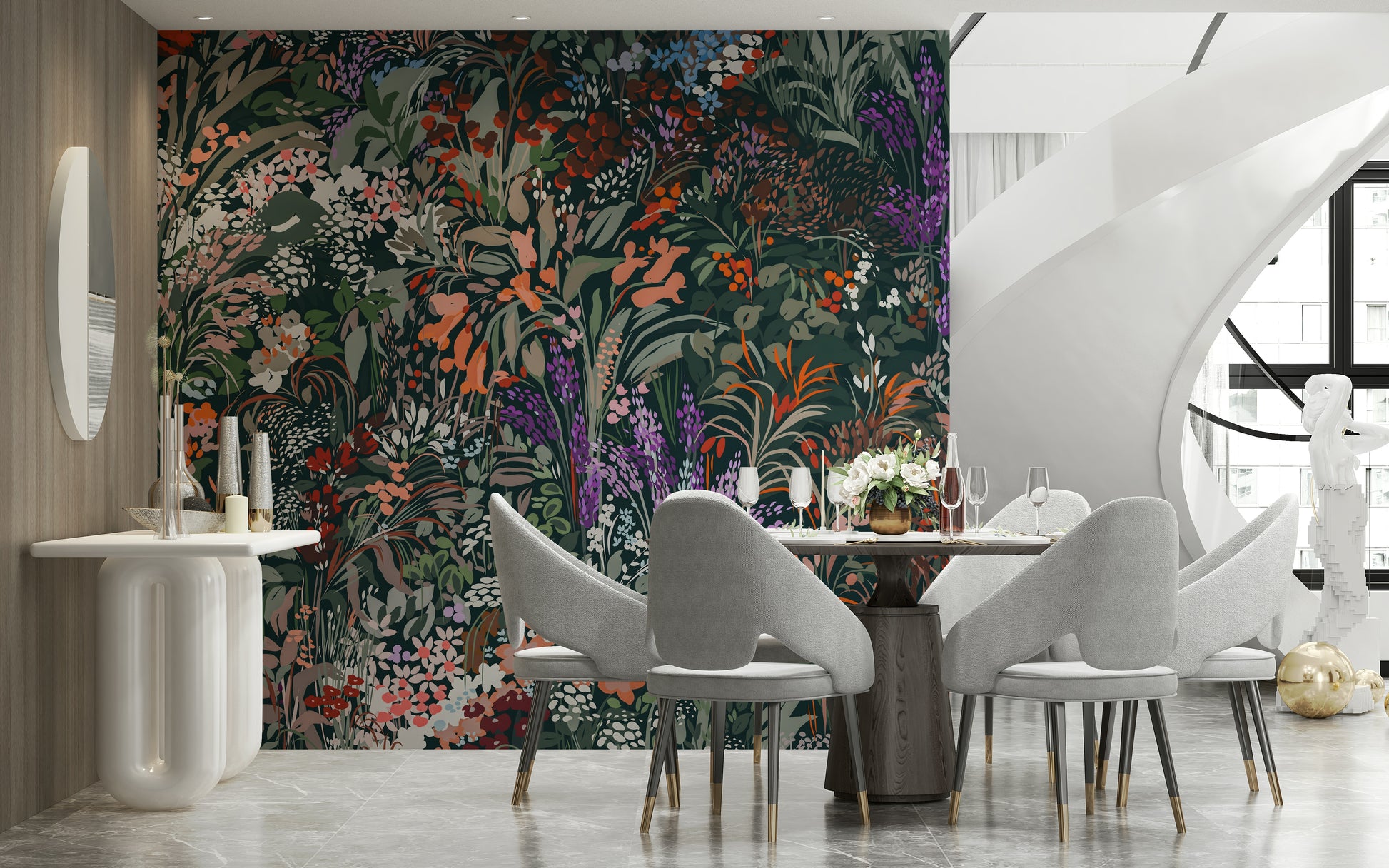 Exotic Biodiversity Canvas wall art, detailed foliage, dark background, texture.