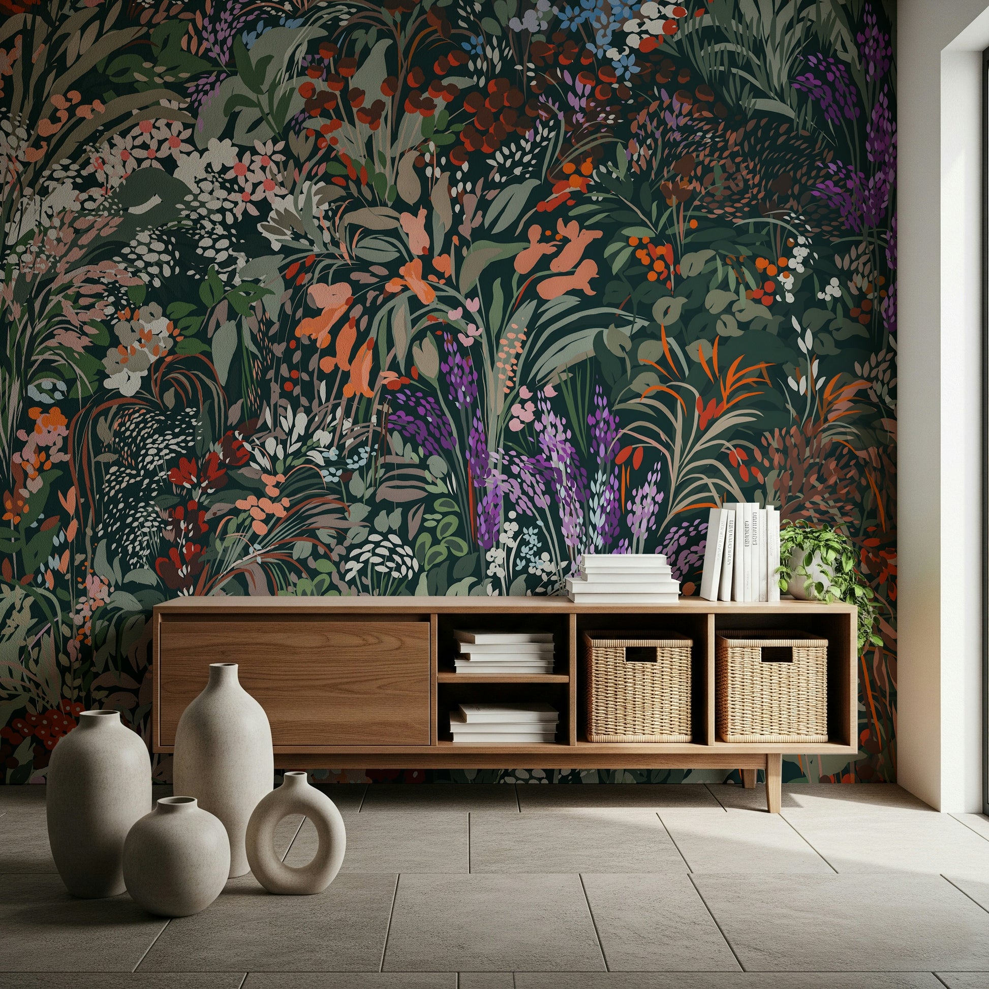 Biodiversity Canvas accent piece, captivating thicket, blooming greenery, unique illustration.