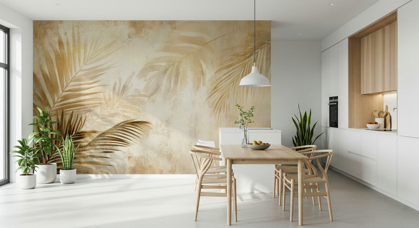 A hand-painted style wallpaper with sweeping golden palm foliage on a warm neutral canvas.