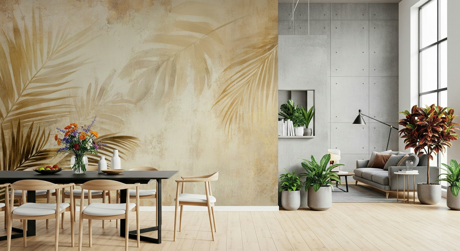 A luxury tropical wallpaper featuring golden palm silhouettes fading into an earthy wash.