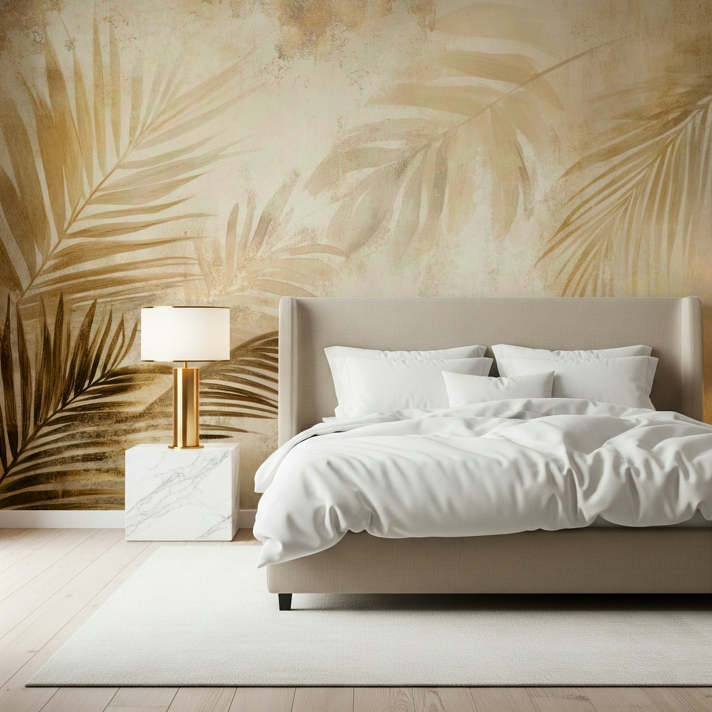 A textured tropical wallpaper featuring soft gold palm leaves blending into a rustic backdrop.