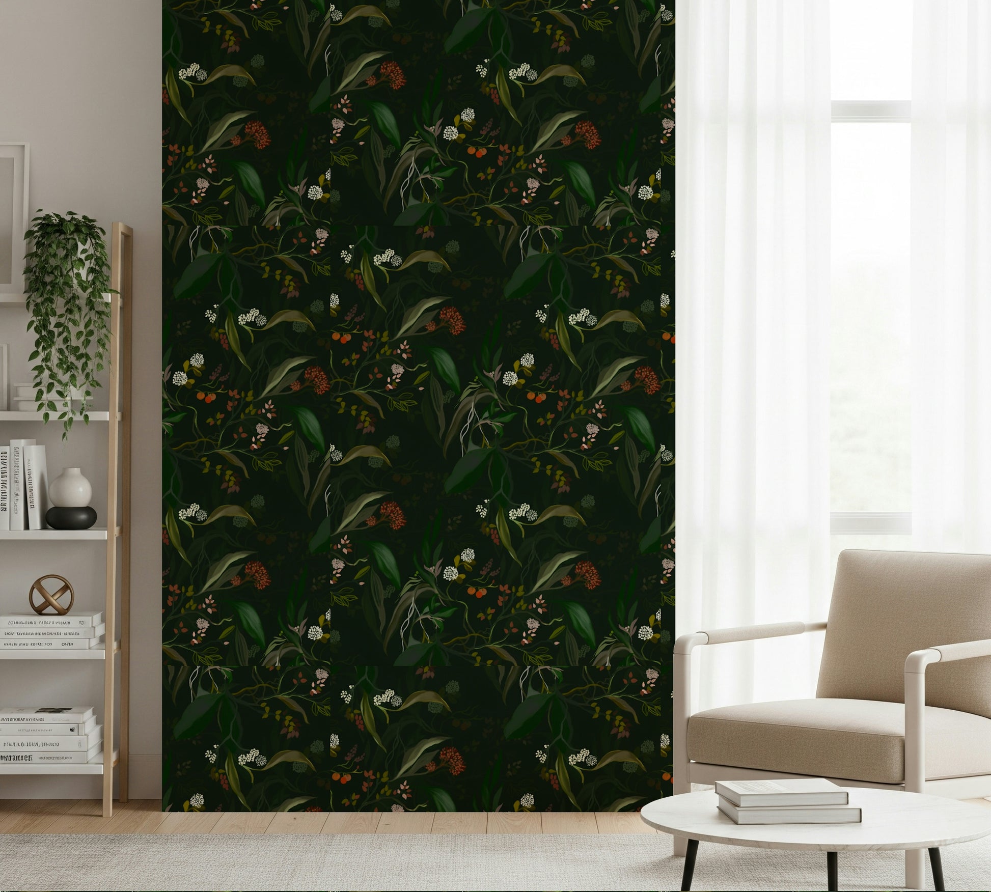 Dark botanical mural adding a sophisticated, atmospheric night garden feel.