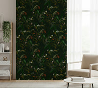 Dark botanical mural adding a sophisticated, atmospheric night garden feel.