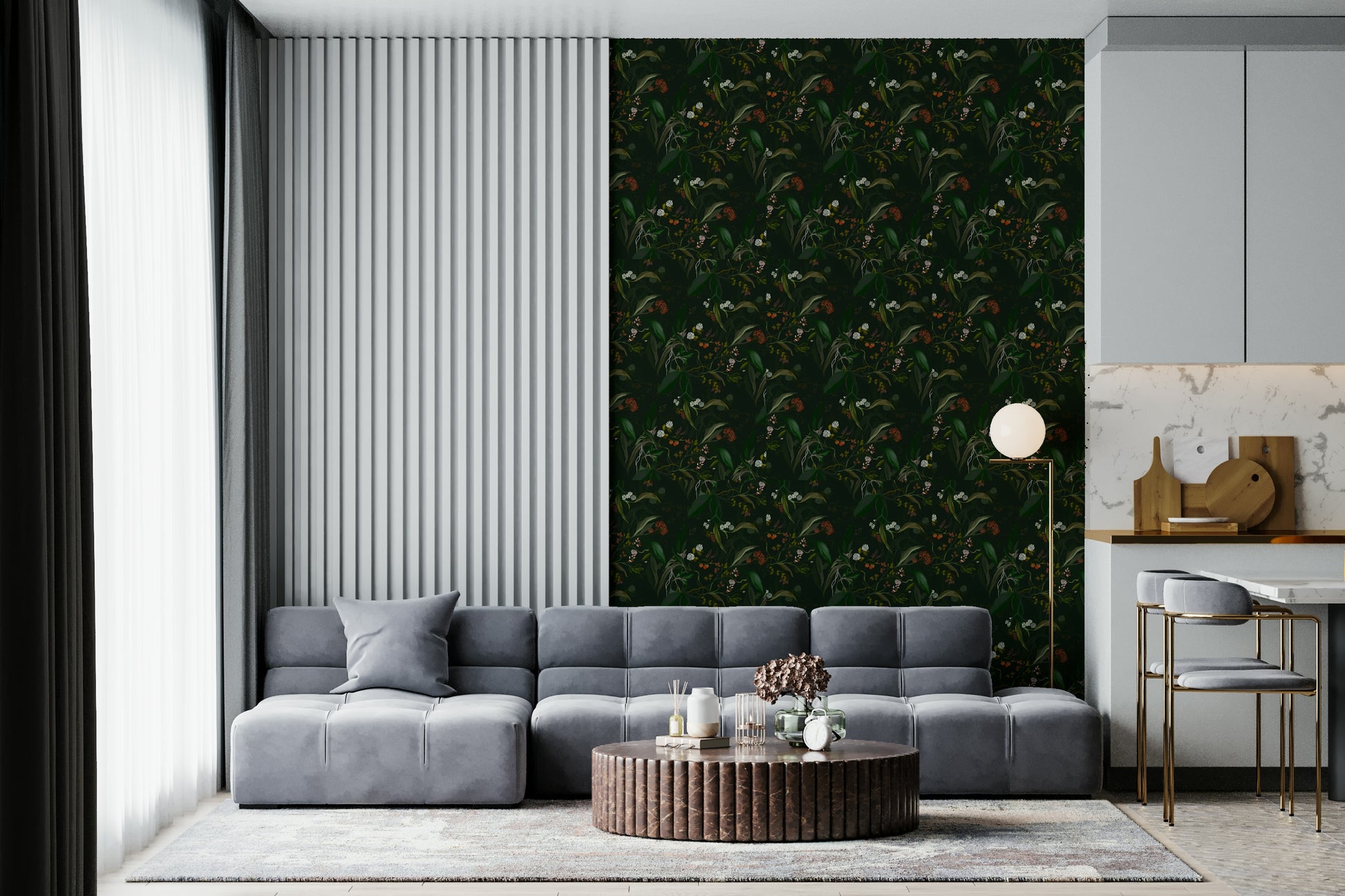 Botanical silhouettes set against rich nightfall hues for a dramatic wall design.