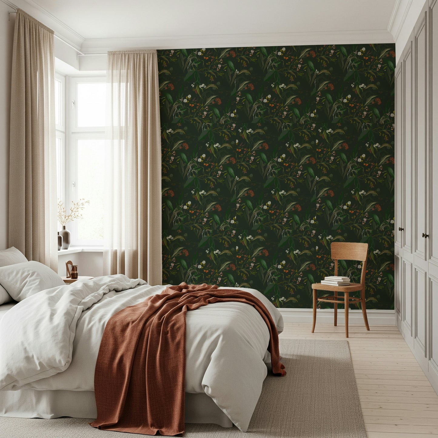 Elegant night-themed botanical mural with deep-toned leaves and soft shadows.