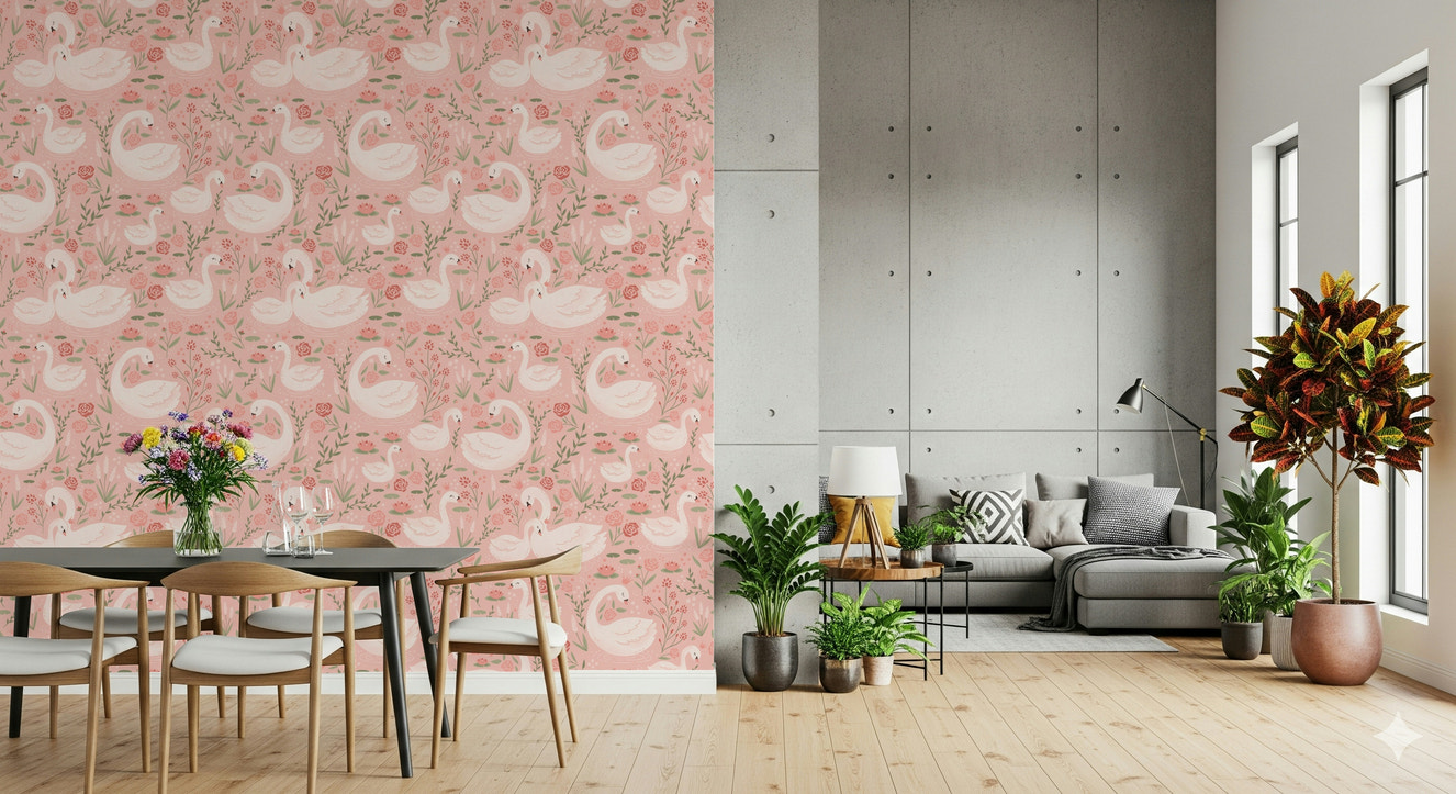 Rosy Swan Serenity wallpaper featuring graceful swans surrounded by soft pink hues.