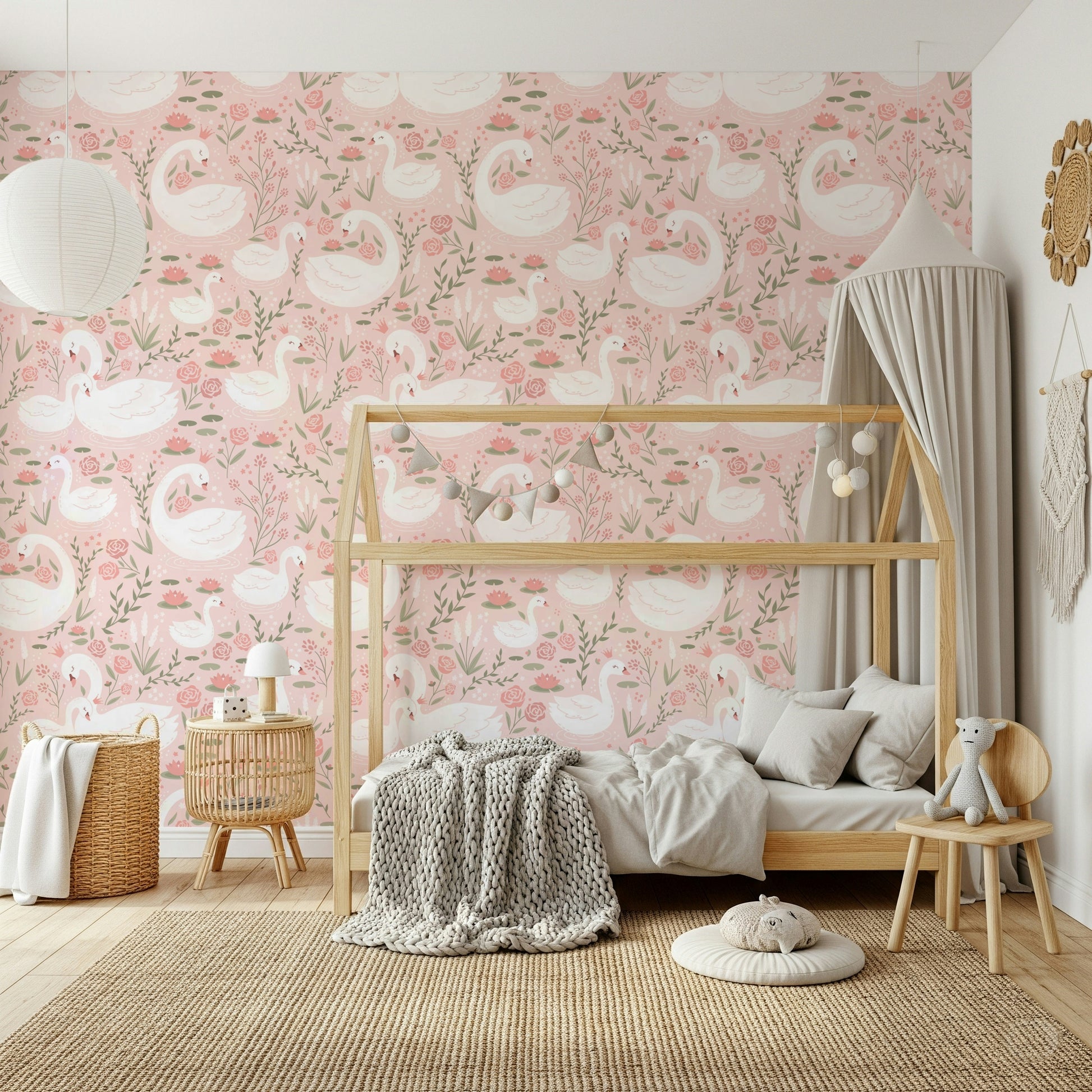 Swan Princess Garden wallpaper featuring elegant swans in a dreamy floral setting.