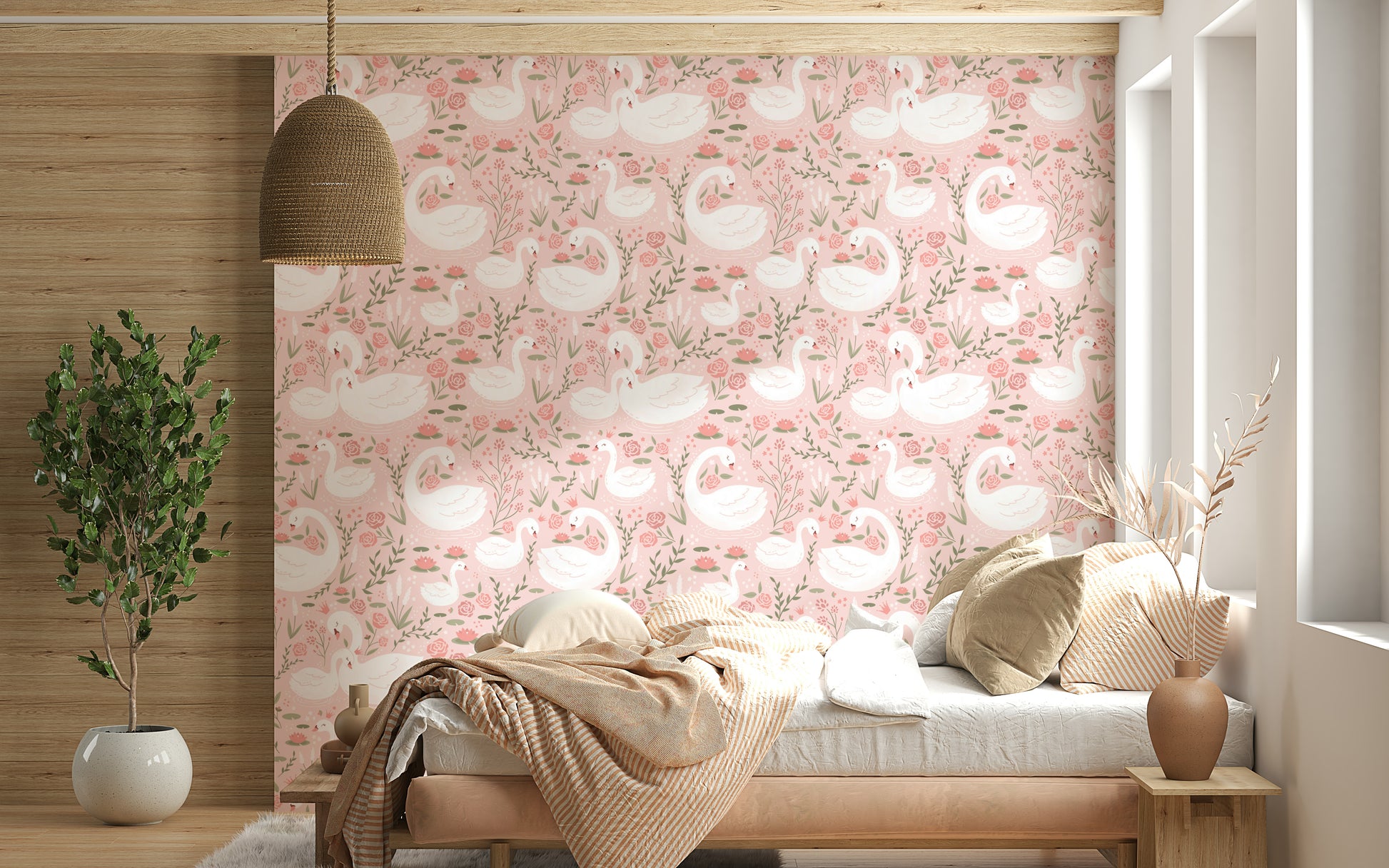 Soft floral garden design with regal swans for a magical, princess-like feel.