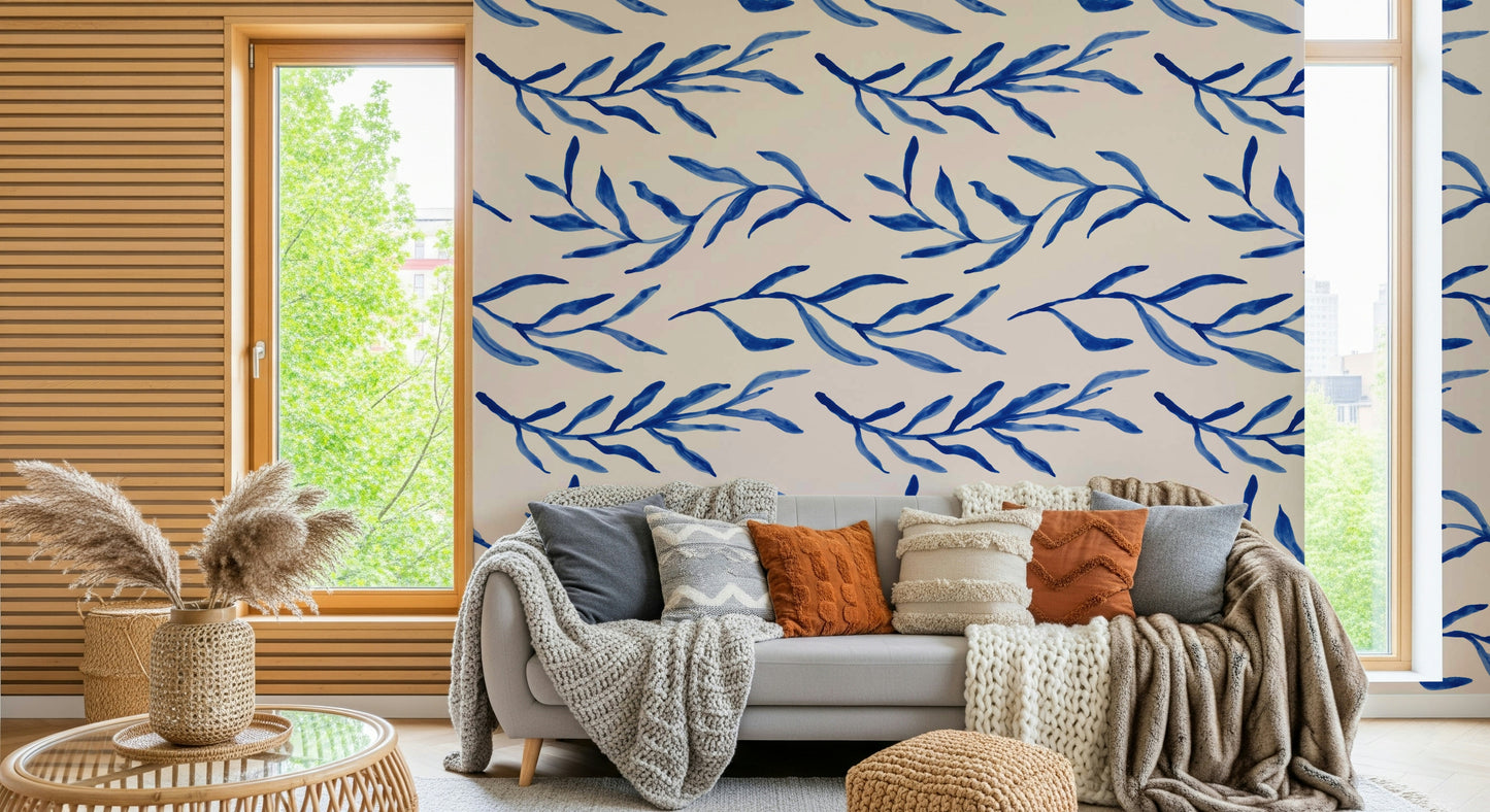 Botanical-themed wallpaper in soothing blue tones for a natural look.
