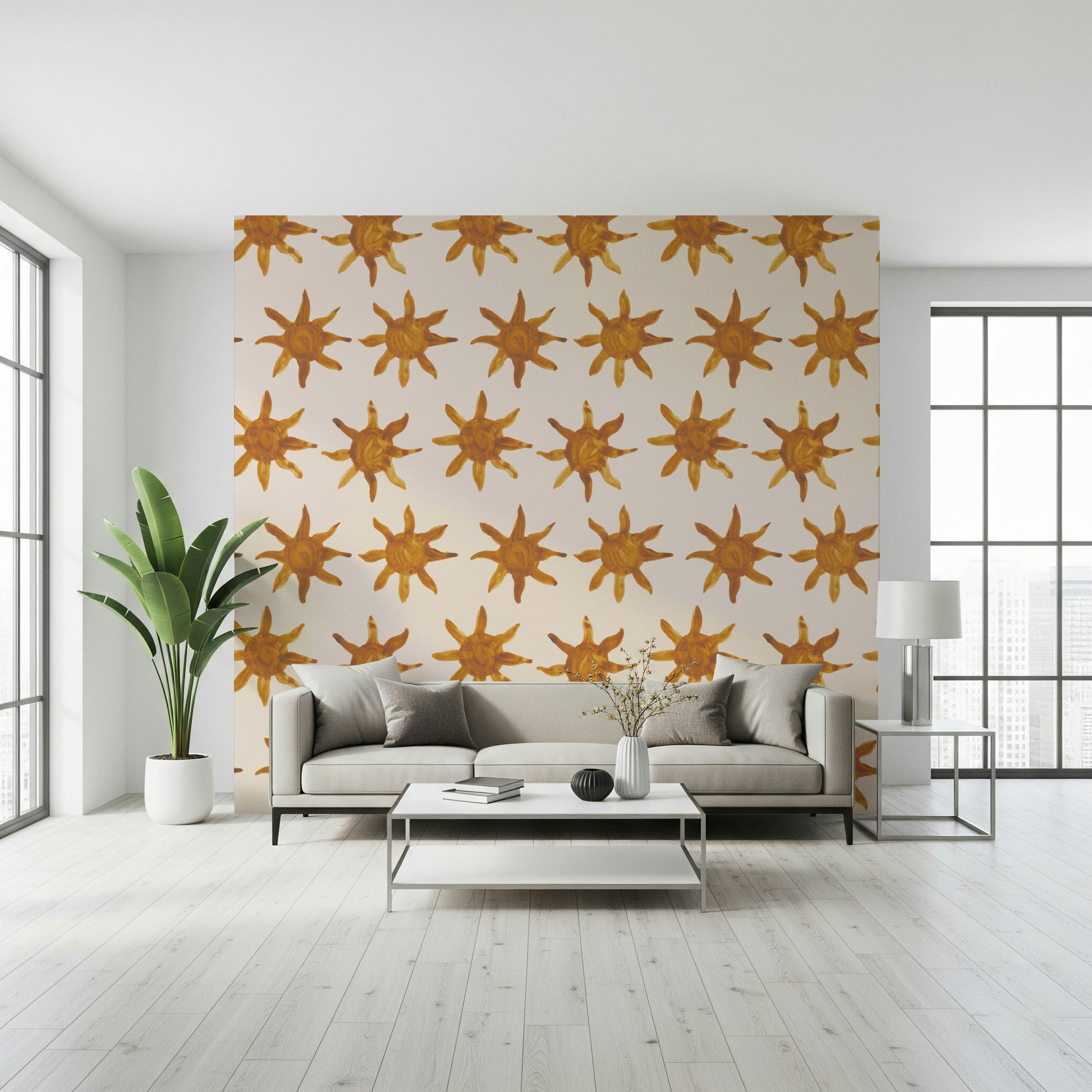 Sunny-toned brushstroke wallpaper adding a cheerful, artistic touch.