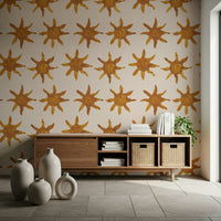 Abstract sunny brushstroke mural with vibrant, golden hues.