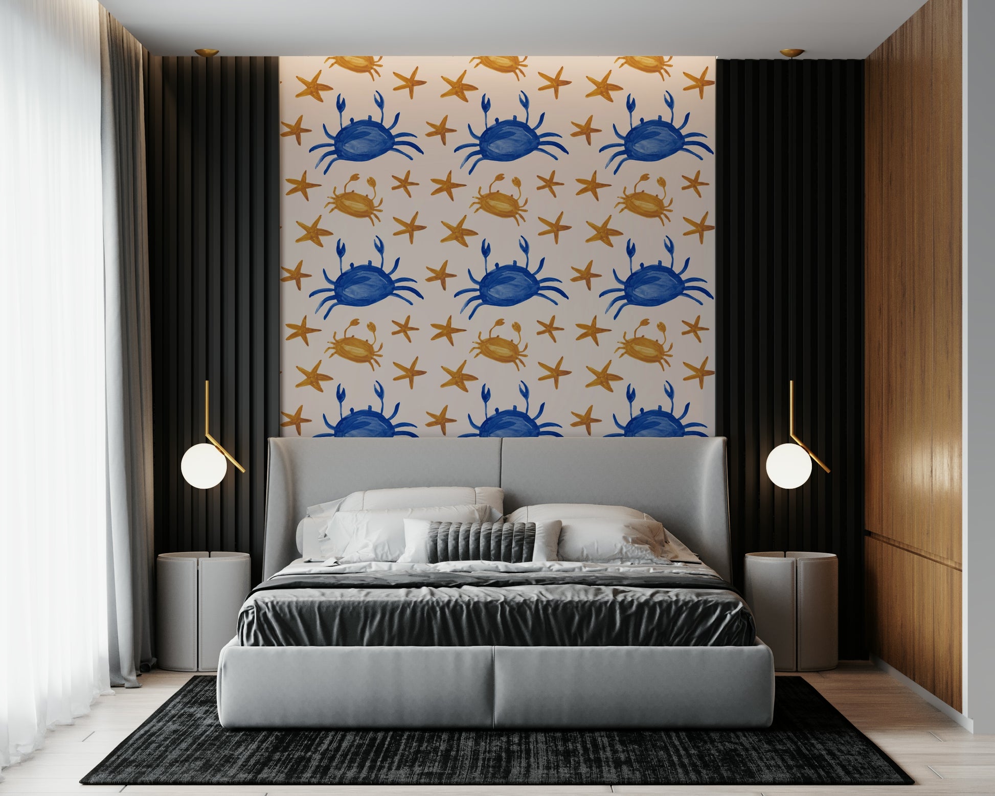 Whimsical wallpaper with charming crabs and scattered star shapes.