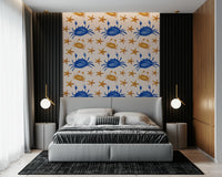 Whimsical wallpaper with charming crabs and scattered star shapes.