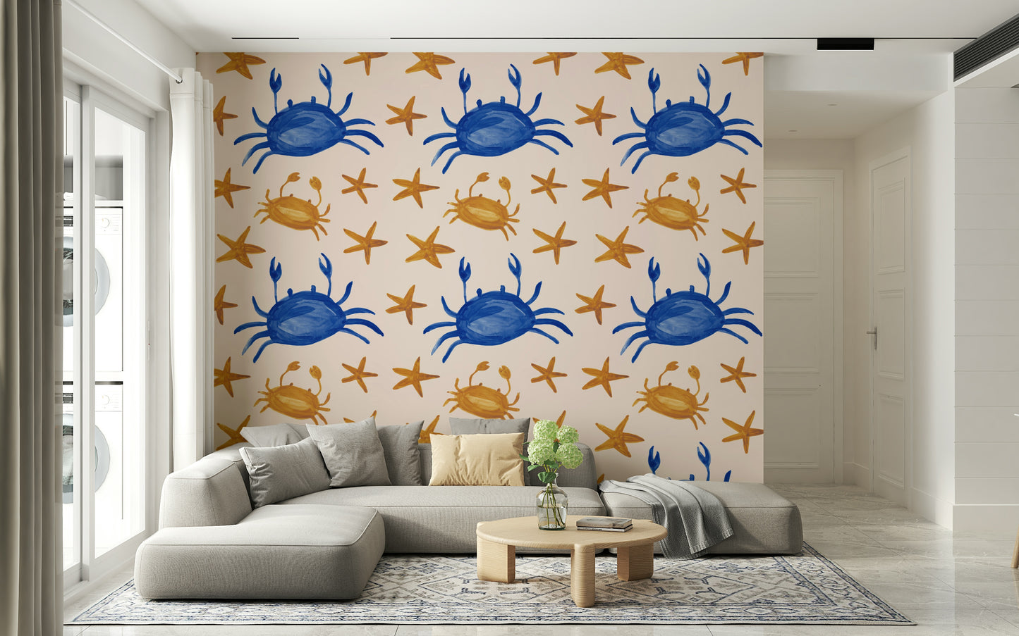 Cute crab and star motif mural perfect for coastal or kids’ spaces.