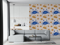 Crabs and stars pattern wallpaper ideal for beachy or nursery decor.