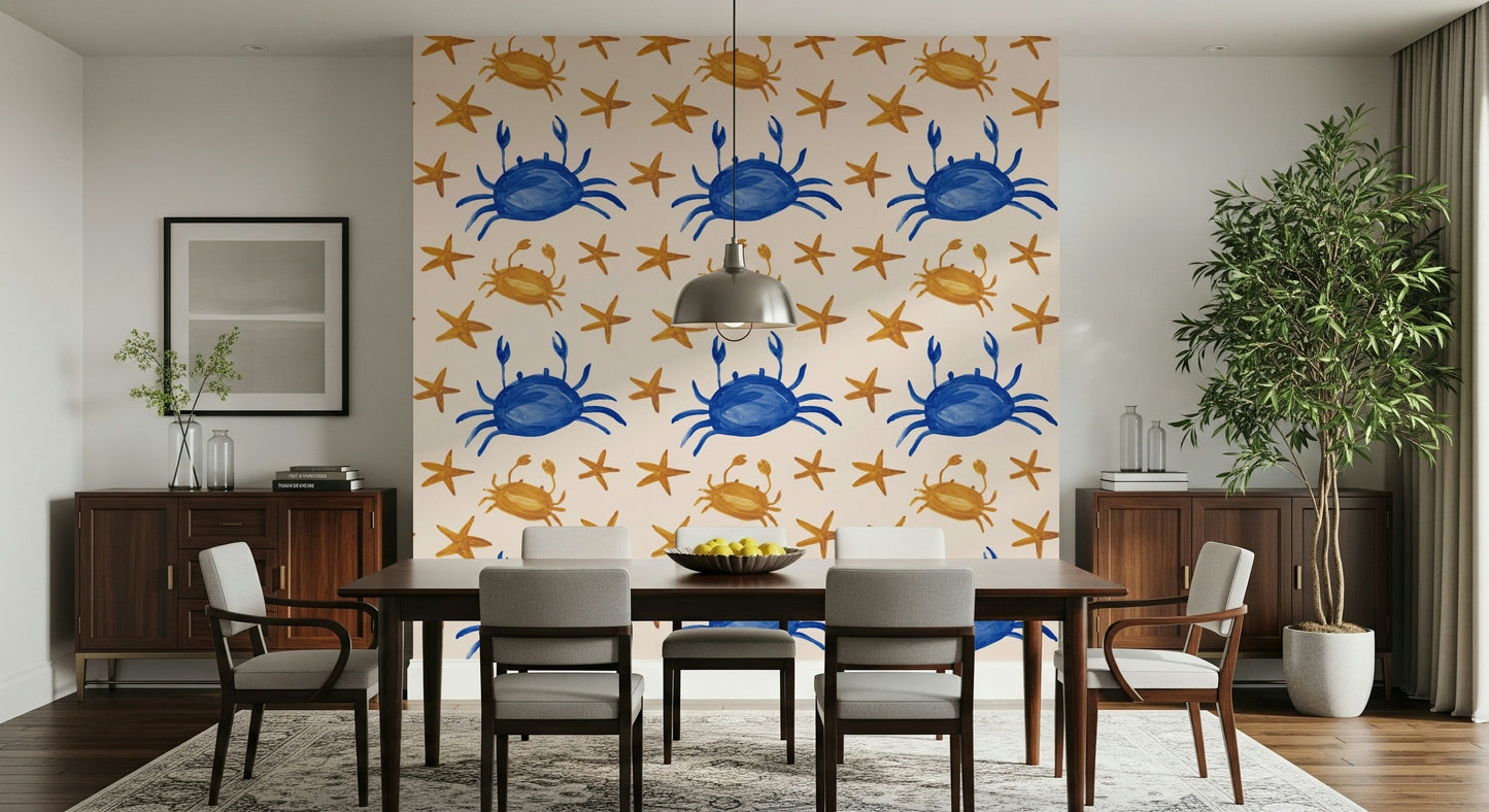 Illustrated crabs and stars wallpaper with a light, cheerful aesthetic.