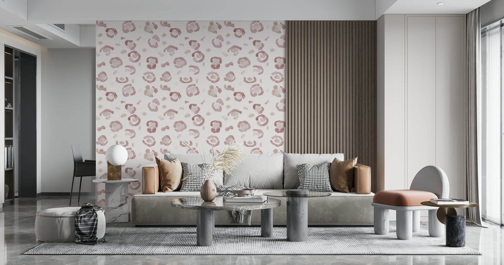 Stylish soft leopard print mural with understated, neutral-toned spots.