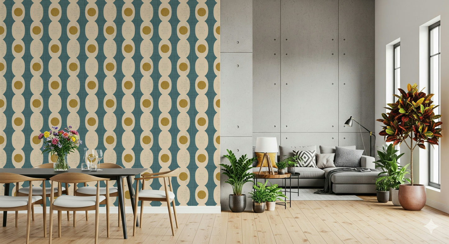 Stylized fusion of retro patterns creating a playful, energetic wall mural.